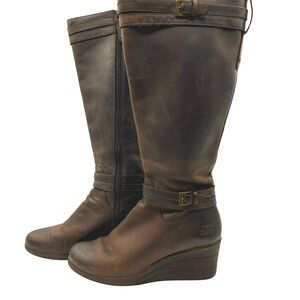 UGG Waterproof Lesley Brown Leather Wedge Tall Boots Buckle Detail Wms SZ 8.5